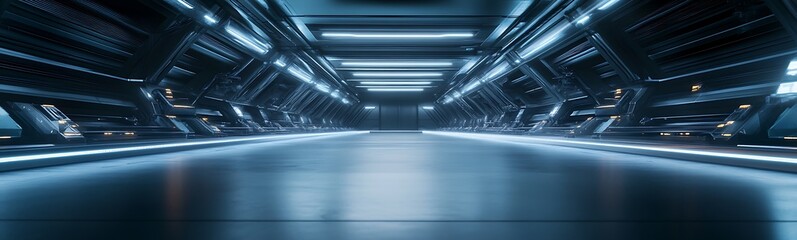 A futuristic, dimly lit corridor with sleek metallic surfaces and glowing lights, suggesting a high-tech environment.