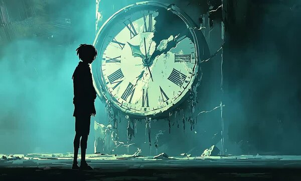 Silhouette Facing Giant Broken Clock illustration cartoon with ai generated.
