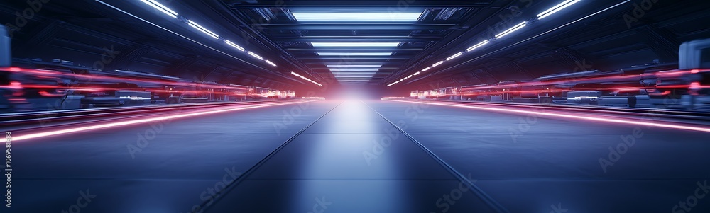 Poster a futuristic corridor illuminated with vibrant lights, creating a sense of depth and an advanced tec