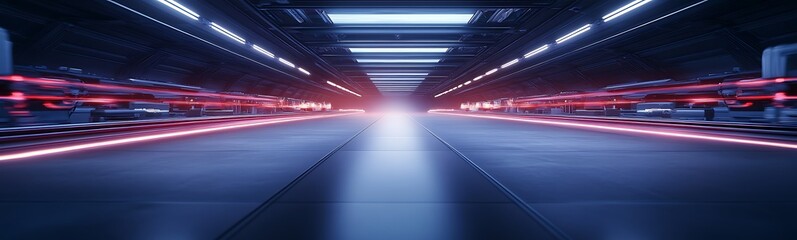 A futuristic corridor illuminated with vibrant lights, creating a sense of depth and an advanced technological environment.