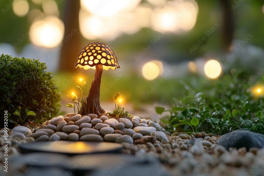Poster a small tree with a light on top of it is placed on a path