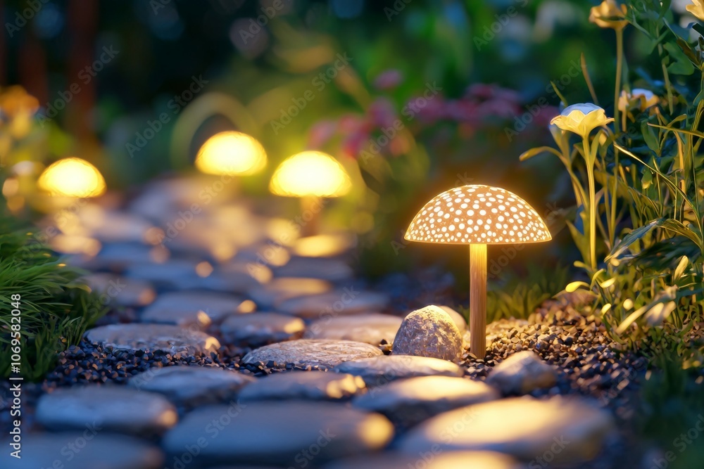Poster a path with a lit up mushroom on it