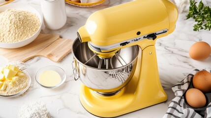 Bright Yellow Mixer and Baking Ingredients on Countertop