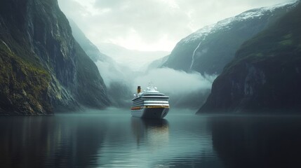 A serene cruise ship navigates through a misty fjord surrounded by towering mountains.