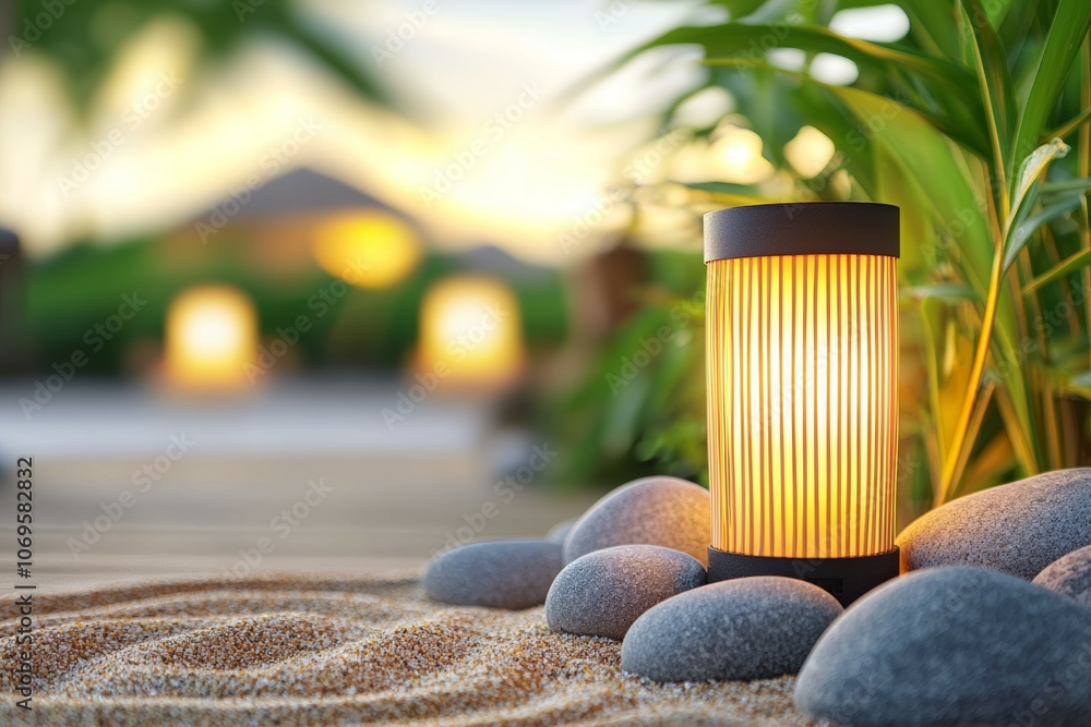 Poster a lamp is lit on a beach with a view of a house in the background