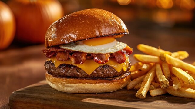 A hamburger with bacon and an egg on top. A side of french fries. The burger is on a wooden cutting board
