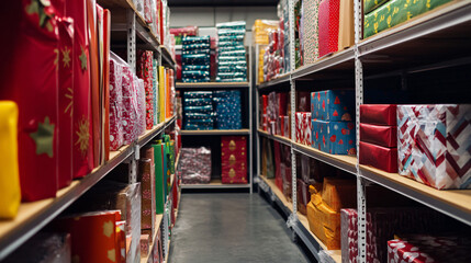Specialized warehouse section storing holiday gift wrapping materials in organized shelves.