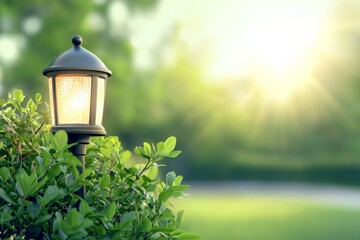 A lighted lamp post is in a lush green bush