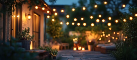 A string of lights illuminates a backyard patio at dusk, creating a cozy and inviting atmosphere.