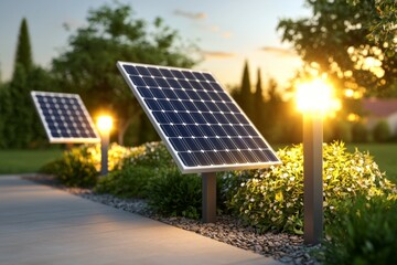 Two solar panels are on a sidewalk next to a bush