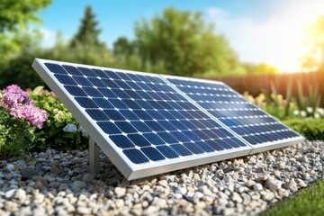 A solar panel is sitting on a rock in a garden