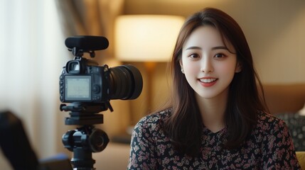 Naklejka premium Female Vlogger Recording at Home Studio. Young female vlogger sitting in a cozy room with a professional camera setup, representing content creation and social media.