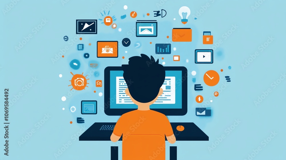 Poster A man sits at a computer with many icons surrounding him, symbolizing the digital world and its complexities.