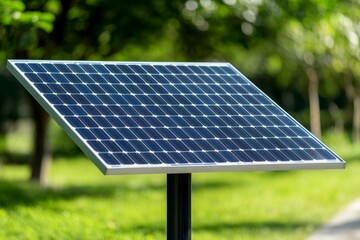A solar panel is sitting on a pole in a park