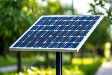 A solar panel is on a pole in a park