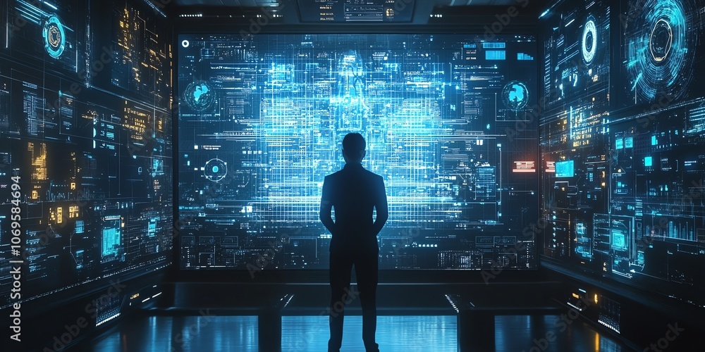 Poster A man stands in front of a large digital display showing complex data and graphics in a futuristic setting.