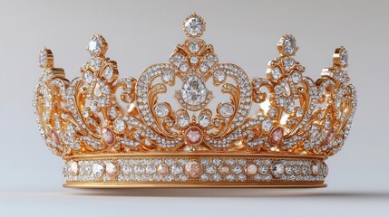 isolated golden crown with intricate designs and jewels on a pristine white background, radiating luxury and royalty, perfect for a regal or celebratory theme