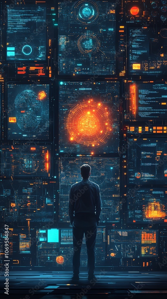 Poster A man stands in front of a wall of glowing screens displaying data and information, representing the vastness and complexity of the digital world.