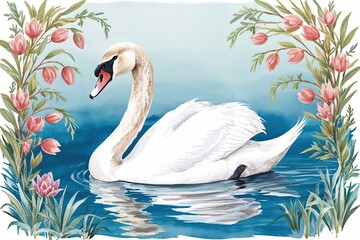 Obraz premium Elegant Swan in Pastel Watercolor - Serene Bird Illustration for Nature Lovers and Whimsical Decor