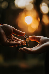 Caucasian and African American Hands Exchanging Keys at Sunset Symbolizing Trust and New Beginnings