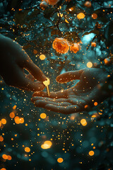 Key Exchange Between Hands With Roses and Magical Bokeh Lights in Soft Focus