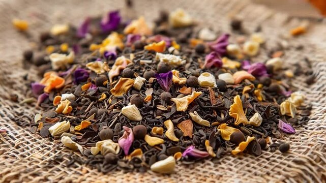 Closeup of loose leaf tea with dried orange and pineapple chunks, flower petals, and allspice creating a vibrant backdrop