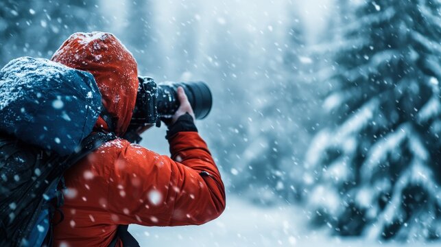 Photographer in red jacket capturing snowy forest scenery, winter adventure, nature photography in snowfall, professional outdoor gear.