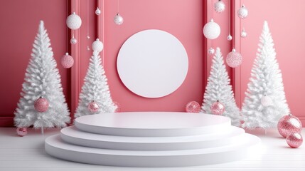 White Podium with Christmas Trees and Ornaments on a Pink Background