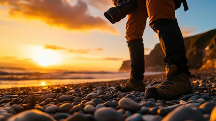 Photographer on a rocky beach capturing a stunning sunset, highlighting the dramatic sky and waves. Perfect moment of nature's beauty.