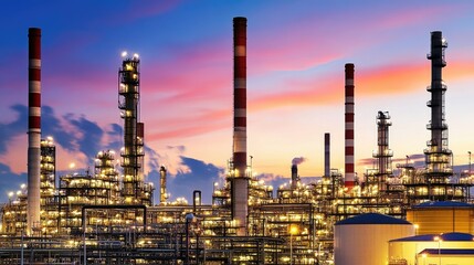 Obraz premium Industrial Oil Refinery at Sunset with Colorful Sky