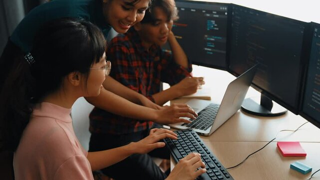 Back end software developer engineer for computer programming working together on debugging writing computing code, solving complex algorithms display on monitor in office. Burgeoning