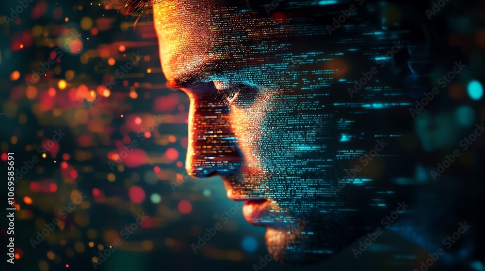 Fototapete a man's face is composed of digital code, symbolizing the digital age and the convergence of technol