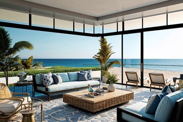 Fototapeta premium Elite Beachfront 3D Rendering of Stylish Coastal Living Area with Ocean Views and Designer Decor