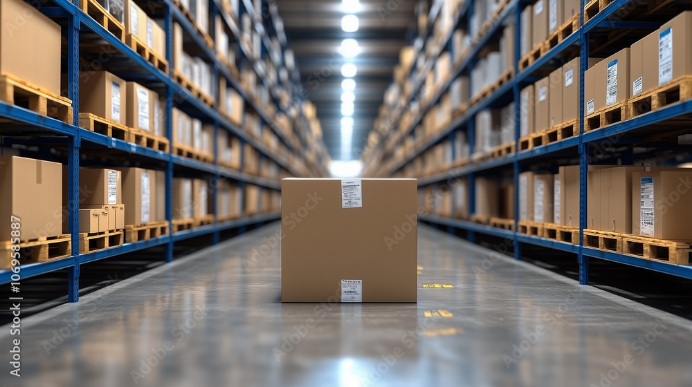 Poster warehouse inventory: a single cardboard box stands in the center of a vast warehouse aisle, surround