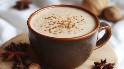 A Cup of Creamy Coffee with Cinnamon and Star Anise