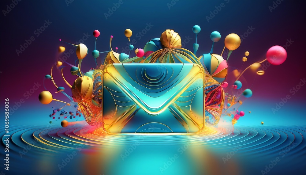 Poster a vibrant, abstract representation of an envelope surrounded by colorful elements, symbolizing commu