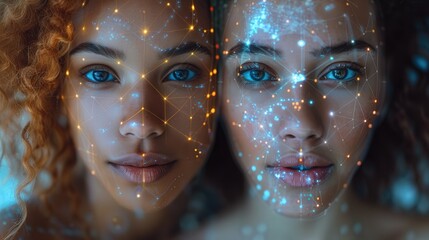 Two women with blue eyes and red hair are shown in a computer generated image