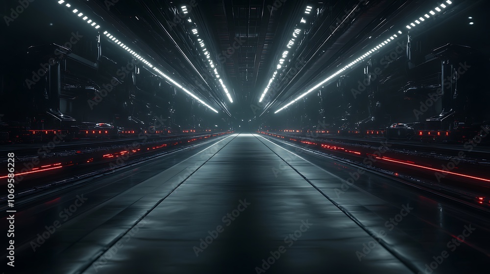 Poster a dark, futuristic corridor illuminated by vibrant lights, creating a captivating tunnel effect that