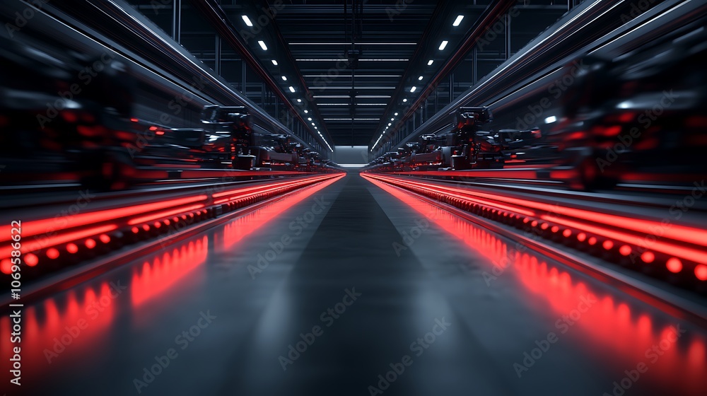 Fototapete A dark, futuristic warehouse with red glowing conveyor belts, creating a high-tech ambiance and emphasizing automation and efficiency.