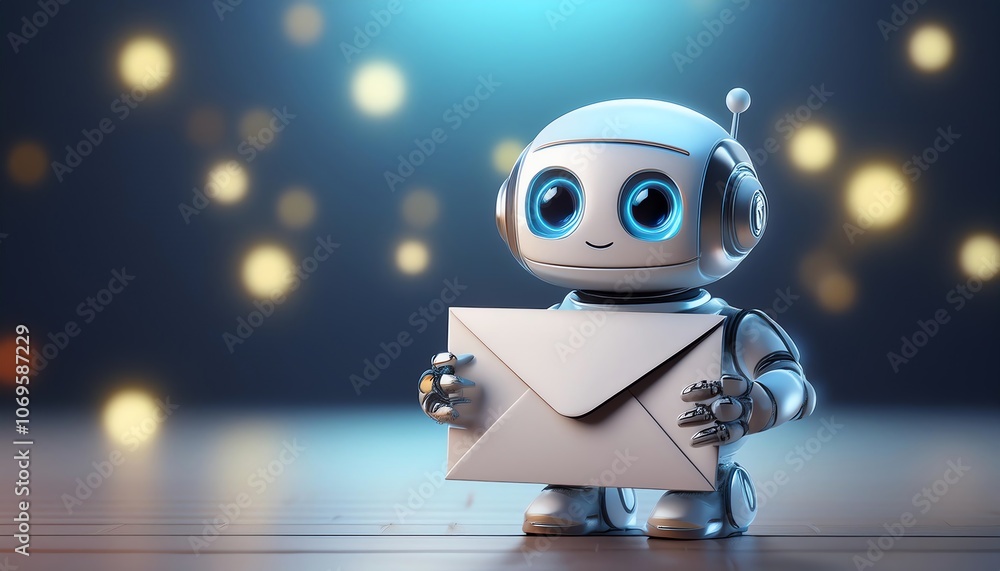 Poster a cute robot holding an envelope with a dreamy, bokeh background, symbolizing communication and tech