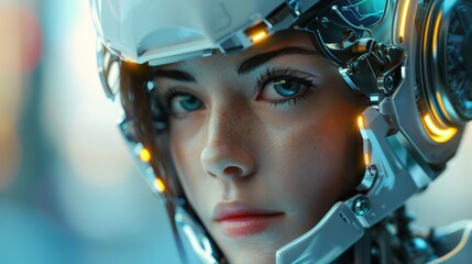 Female cyborg robot with cyberpunk helmet technology, AI generated image