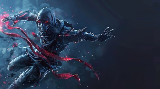 Cyborg ninja jumping with shurikens, wide dark banner with copy space, AI generated image