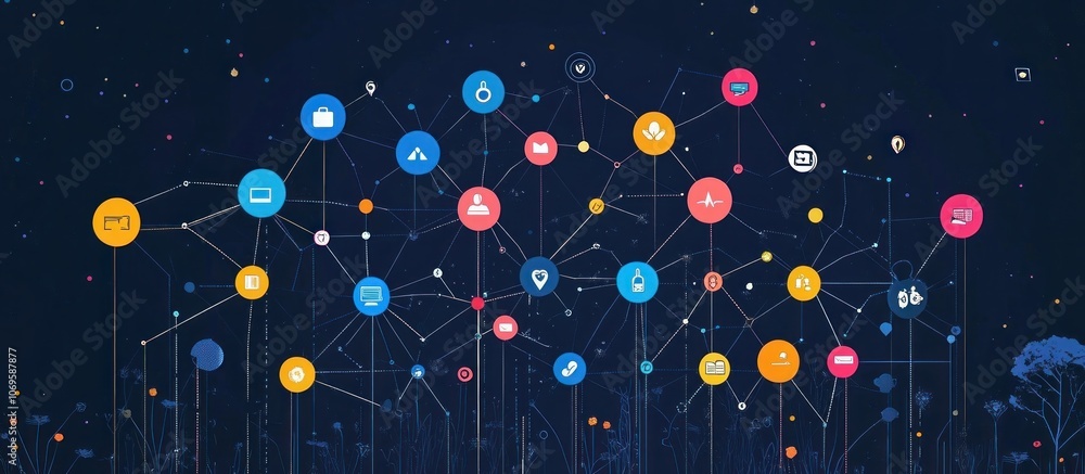 Poster abstract digital network concept with colorful icons connected by lines over a dark blue background.