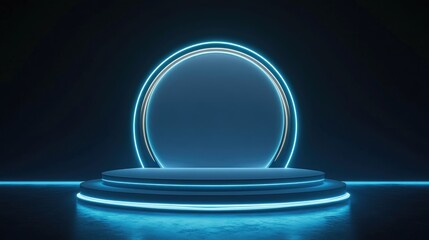 Neon Blue Circular Platform with Glowing Oval Frame