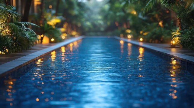 luxurious tropical resort pool illuminated at night, surrounded by lush greenery and soft ambient lighting, creating a serene and inviting atmosphere for relaxation and escape
