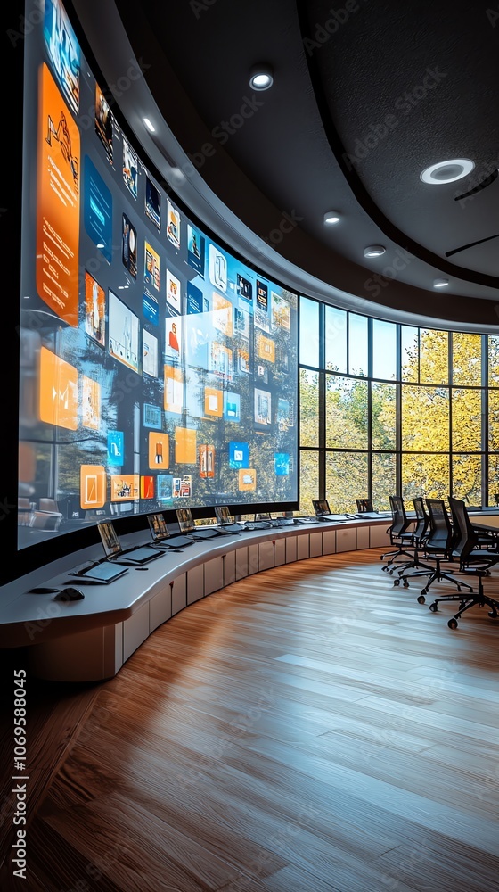 Aufkleber A modern conference room with a curved wall of windows and a large digital display showing a variety of images.