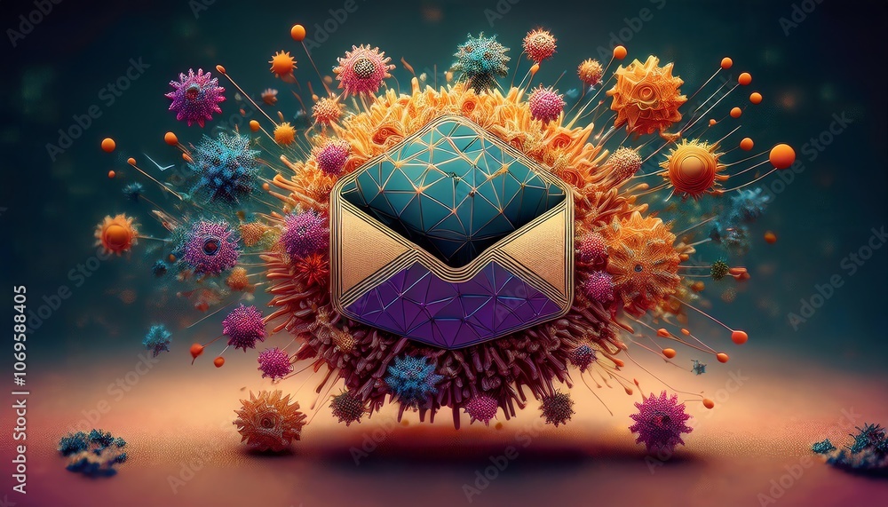 Aufkleber a vibrant visual of a cube surrounded by colorful virus-like structures, representing a blend of sci