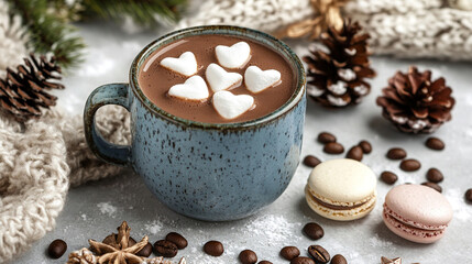 Fototapeta premium Cup of hot chocolate with marshmallows surrounded by Christmas decorations. Blue cup.