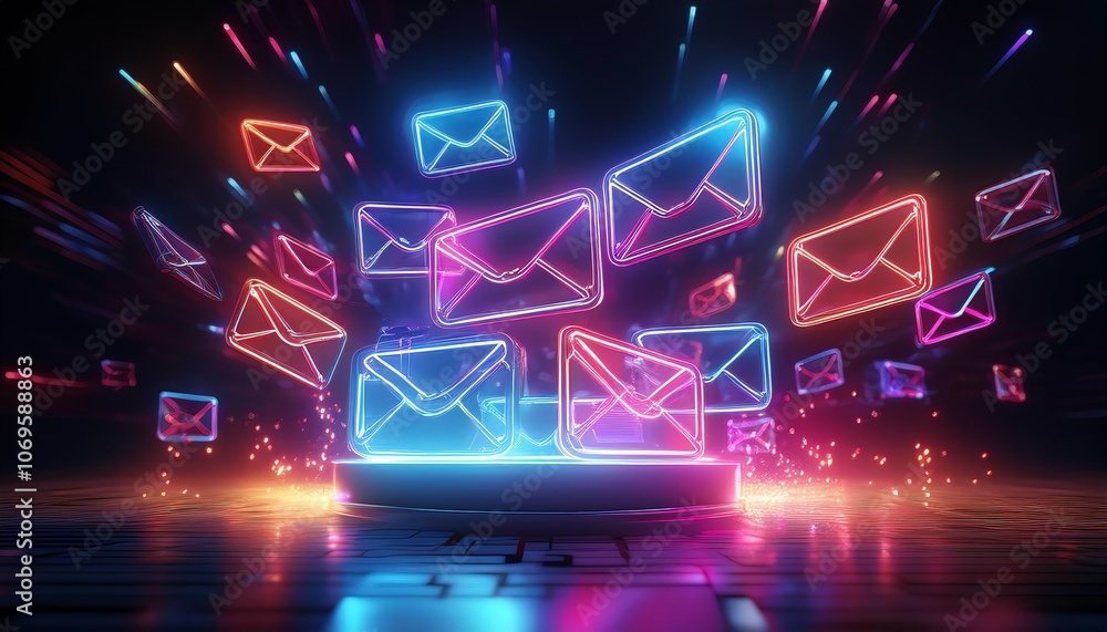 Poster a vibrant digital scene showcasing neon envelopes floating around a glowing device, symbolizing comm