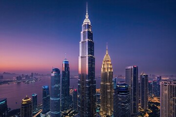 Naklejka premium Resplendent High-Rise Skyscraper with Twilight Reflections in a Modern Metropolis View